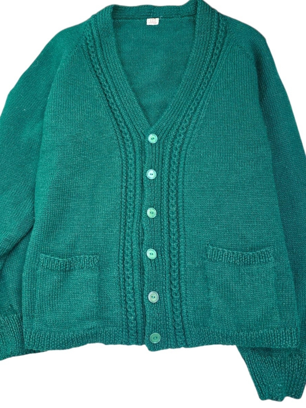 Vintage wool Sweater Green V-Neck unisex Cardigan Hand crafted Newfoundland Knit